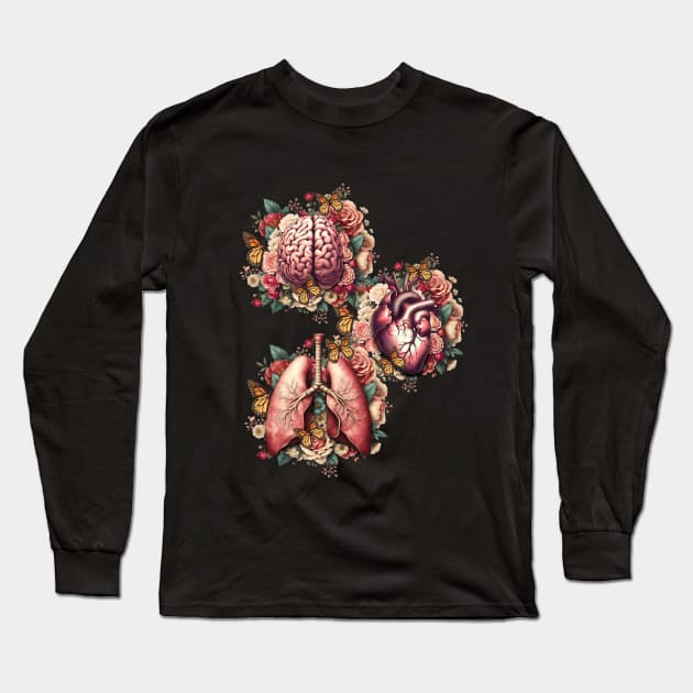 Human organs, art with vintage anatomy floral and butterflies, botany, heart, lungs and brain with floral Long Sleeve T-Shirt by Collagedream